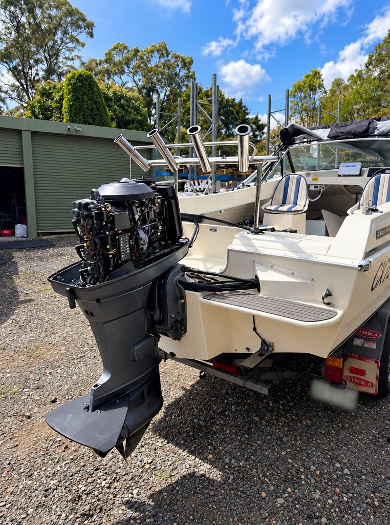 Seafarer runabout on its trailer with the old outboard stripped of its cowling, before the repower